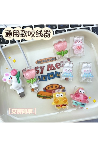 Fosenze Android iPhone Uyumlu Type-c Şarj Kablosu Koruması, Kırılmaya Dayanıklı Kartoon Desenli Kafa Korumalı Halka Tipi Koruyucu