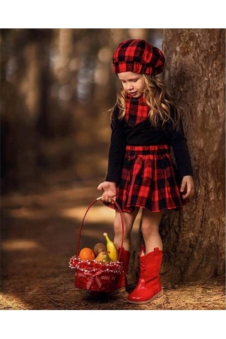 Quzucuk Kids Kız Çocuk Kırmızı Ekoseli Şapkalı Takım Çok Renkli