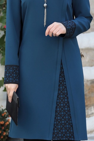 Lazer Kesim Detaylı Büyük Beden Tesettür Takım İndigo