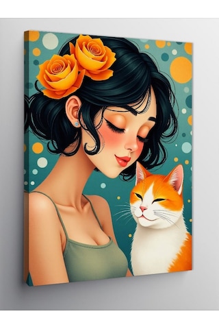 Kanvas Tablo Kedi Ve Şefkatli Kadın 100cmx140cm