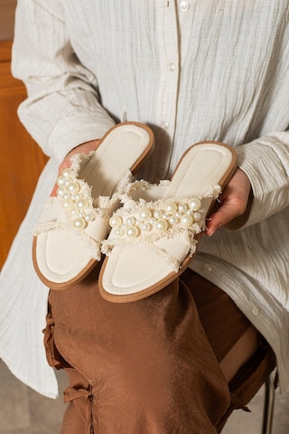 Dabab Shoes Mırella Kadın İncili Hasır Dokulu Düz Şık Ekru Terlik
