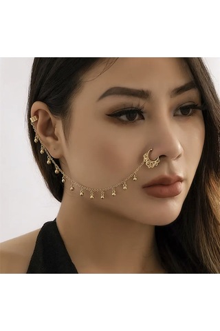 Girift Vintage Yuvarlak Detaylı Kulak Ve Burun Zinciri - Hint Hızması Gold