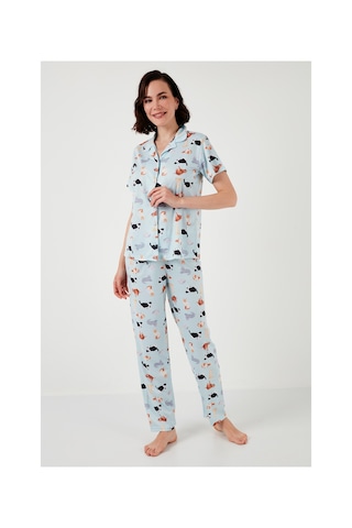 Lela Desenli Kısa Kollu Beli Lastikli Gömlek Yaka Dokuma Regular Fit Bayan Pijama Takımı 6571010 Mint