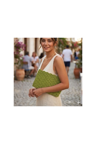 Lento Design Fıstık Yeşili El Örgüsü Raffia Portföy Çanta Bohem Clutch Bej