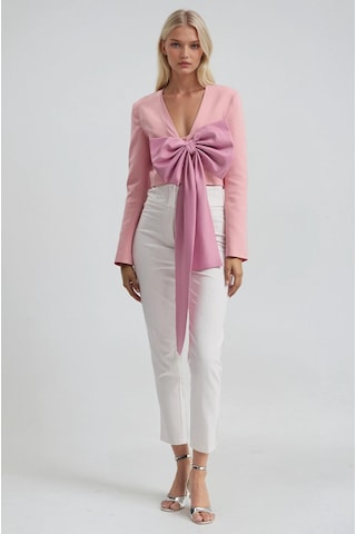 Büyük Fiyonk Detaylı Derin V Yaka Crop Blazer Ceket 6188 Pembe