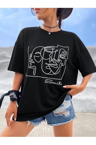 Smile Çizgi Yüz T-shirt - Siyah Baskılı Oversize Bisiklet Yaka Kısa Kol Tişört Siyah