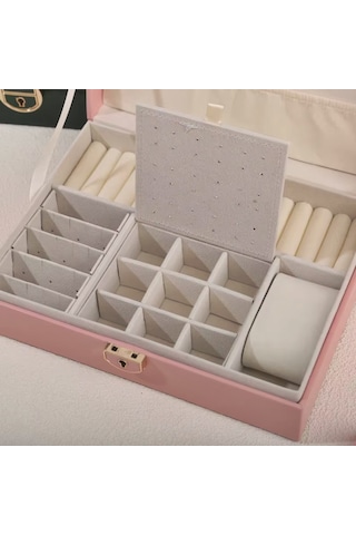 Mdl10- Pembe Takı Kutusu Kilitli Deri Görünümlü Takı Düzenleyici