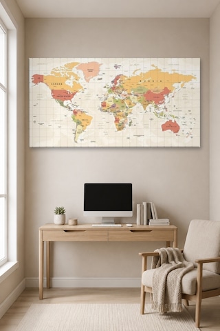 Tam Renk Dünya Haritası World Map Dekoratif Kanvas Duvar Tablosu Çok Renkli