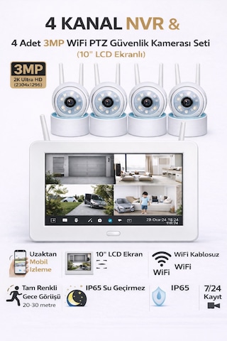 Onmi Dsm600 4 Kanal Nvr + 3mp 4 Kamera Full Color Mik. + 10" Lcd Wifi Set 11-03-01