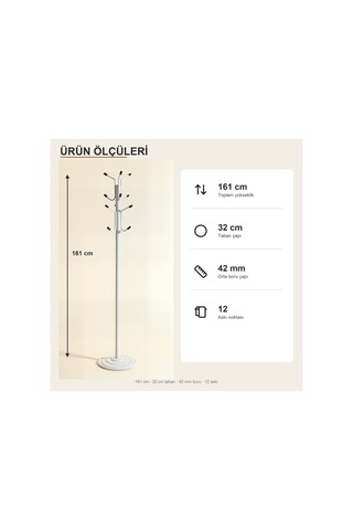 Viona 12 Askılı Metal Ayaklı Portmanto Beyaz 161 Cm