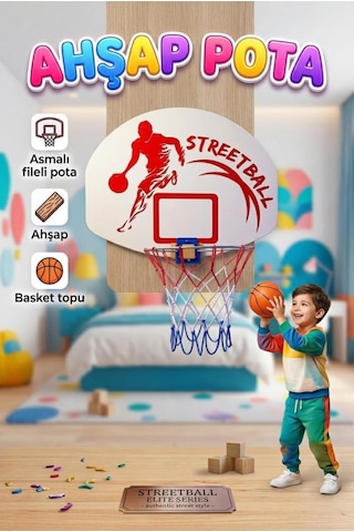 Ahşap Asılabilir Fileli Gerçekci Detaylı Streetball Basketbol Potası Eğitici Spor Oyuncak