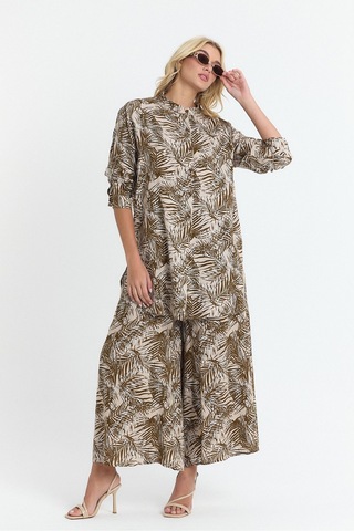 Schık Kadın Viskon Rahat Bol Paça Truvakar Kol Önü Düğmeli Baskılı Takım Kahverengi