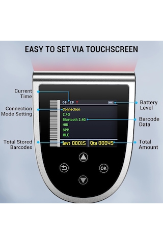Tera Hw0015 Kablosuz 1d/2d/qr Barkod Okuyucu Dijital Ekran + Tuş Takımı Bluetooth 5.0 & 2.4g & Usb 2600mah Büyük Pil Hızlı Tarama Gümüş