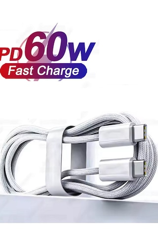 İphone Samsung Xiaomi Huawei Type-c To Type-c 60w 1m Halat Örgü Hızlı Şarj Ve Data Kablosu 100 Cm