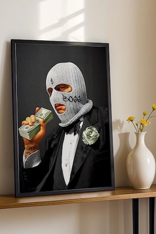 Modern Kar Maskeli Boss Ve Dolar Temalı Çerçeveli Tablo Home-office Çalışma Alanları Dekoru Modifiye Sanat