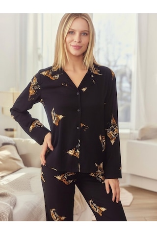 Rukod Kadın Kaplan Desenli Süet Gömlek Yaka Düğmeli Uzun Altlı Pijama Takımı Siyah
