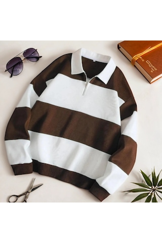 Fifty Color Unisex Kahve Rengi Polo Yaka Kışlık Sweatshirt İçi Polarlı Kahverengi - Beyaz