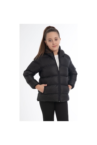 Kız Çocuk Içi Polarlı Kürklü Kapüşonlu Su Geçirmez Rüzgara Dayanıklı Cepli Şişme Kışlık Mont Siyah