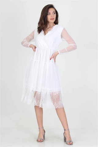 Neşeli Butik Neseli Butik Kruvaze Yaka Eteği Güpür Detaylı Yeni Sezon Elbise Nb0010 Beyaz