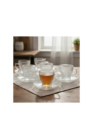 Güneş Desen Cam 6 Kişilik Tabaklı Büyük Çay Fincan Seti 6 X 210 Ml Şeffaf