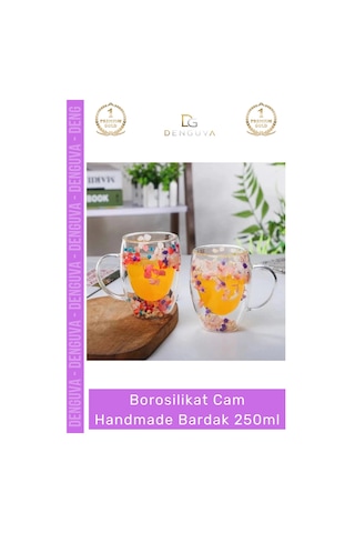 Borosilikatbardak Çift Camlı Kurutulmuş Çiçekli Borosilikat Isıya Dayanıklı Cam Handmade Kulplu Bar Çok Renkli