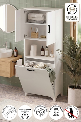 Bofigo Çok Amaçlı Dolap Banyo Dolabı Kirli Çamaşır Sepeti Dolabı Damla Beyaz Beyaz