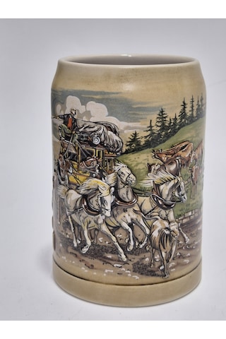 Vintage Tankart Kabartmalı At Arabası Doğa Figürlü Alman Seramik Bira Bardağı 14cm 001