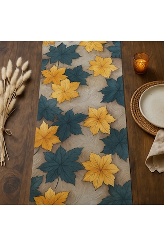 Bohem Sonbahar Desenli Duck Kumaş Masa Runner 40 140 Cm Yaprak Temalı Şık Sofra Aksesuarı Sarı