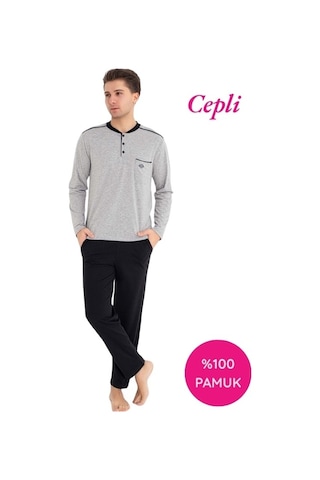 Guava Erkek 3 Düğmeli %100 Pamuk Göğüs Cepli Mevsimlik Uzun Kol Cepli Pijama Takımı Açık Gri