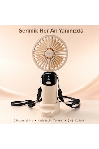 Mkio Şarjlı El Vantilatörü 5 Kademeli, Katlanabilir Dijital Ekranlı Mini El Fanı, 1200 Mah, 5 Pervaneli Güçlü Hava Akışı, Standlı Masaüstü Fan, Usb Şarjlı - Krem Renk