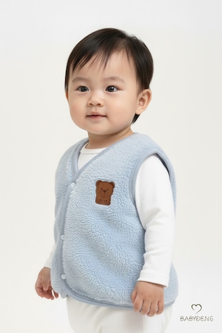 Babyden's Welsoft Erkek Bebek Çocuk Çıtçıtlı Yelek Ayıcık Armalı, Yumuşak Peluş Bebek Yeleği Bebe Mavisi