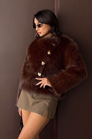 Kadın Vintage Peluş Tüylü Crop Ceket Altın Düğmeli Bisiklet Yaka Kışlık Şık Ceket Koyu Kahve