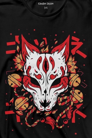 Kitsune Mask Japanese Japon Kültür Uzun Kollu Tişört Baskılı T-shirt 001