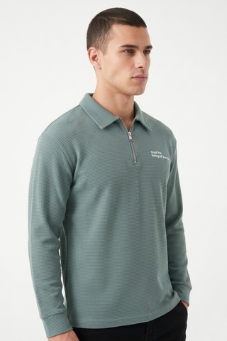 Opınıon Erkek Spor Polo Yaka Petek Dokulu Sweatshırt Bgl-st05442 Yeşil