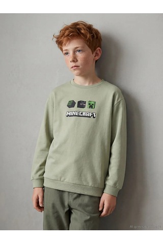 Lc Waikiki Yeşil Minecraft Baskılı Erkek Çocuk Sweatshirt YESIL