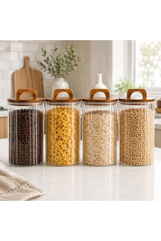 2450 Ml Zahire Kavanozu 4'lü Set, Ahşap Kapaklı Kulplu Cam Erzak Saklama Kabı, Bakliyat Makarna Kahve Kuruyemiş Saklama Kavanozu, Ribbed Cam Mutfak Düzenleyici Kavanoz Seti Çok Renkli