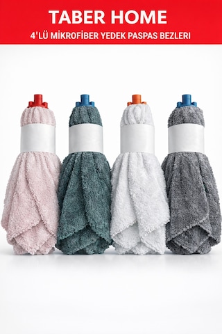 Taber Home 4'lü Mikrofiber Yedek Paspas Bezi Vidalı Mop Başlığı Seti - Yüksek Emici Temizlik Bezi