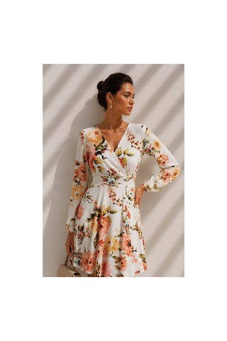 Lior Design Kadın Trend Model Kruvaze Yaka Mini Uzun Kollu Abiye Elbise Çok Renkli