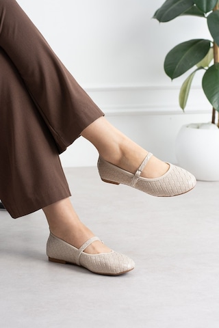 Shoetek Sawra Kadın Babet Önden Bantlı Tokalı Örgü Desenli Bej Deri Bej Kroko