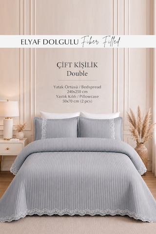 %100 Pamuk Çift Kişilik Yatak Örtüsü Seti Mihrimah Dantelli Pike Takımı 3 Parça Gri