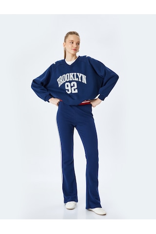 Koton Kolej Baskılı Uzun Kollu Oversize V Yaka Sweatshirt Lacivert 5sal10417ık Lacivert