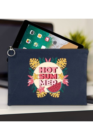 Bk Gift Yaz Temalı-8 Lacivert Tablet Çantası 30x21cm, Apple iPad Uyumlu Çantası, Baskılı Tablet Kılıfı Kılıf