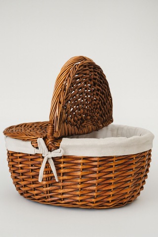 Krem Kumaş Detaylı Hasır Piknik Sepeti 40x30x19 Cm Kapaklı Termoform Sepet Brown