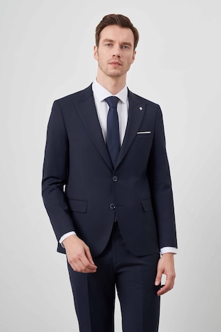 Morven Erkek Lacivert Yünlü Platinium Düz Desen Slim Fit Sivri Yaka Takım Elbise Lacivert