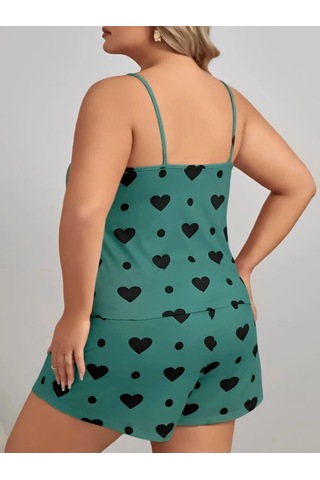 Senoramoda Büyük Beden Yeşil Kalp Desen Pamuklu Şortlu Pijama Takımı