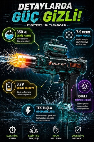 Elektrikli Su Tabancası Şarjlı Otomatik 350ml Işıklı Uzun Menzil Çocuk Oyuncak Su Silahı