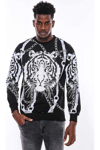Wessi Siyah Taşlı Baskılı Bisiklet Yaka Sweatshirt Siyah