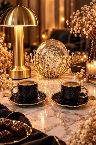 Doğum Günü, Özel Gün, Yeni İş, Yeni Ev Hediyesi Gold Kulplu İkili Porselen Fincan, Kristal Obje Ve Masa Lambası Seti