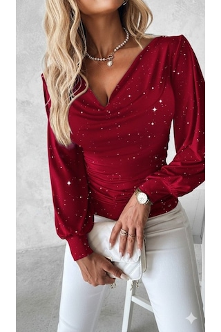 Moderie Butik Kadın Uzun Kollu Degaje Yaka Taşlı Sandy Bluz Kırmızı