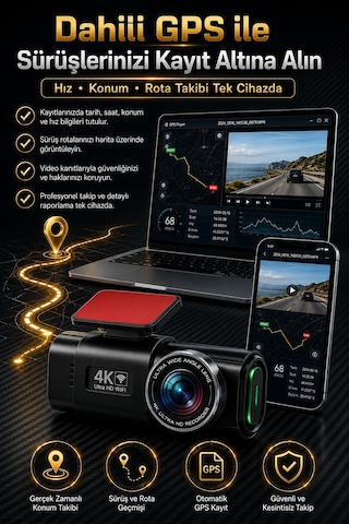 4k Ultra Hd Araç Kamerası Çift Lens Ön Arka Wi-fi Gps Park Modu Gece Görüşlü G-sensörlü Araç İçi Güvenlik Kamerası